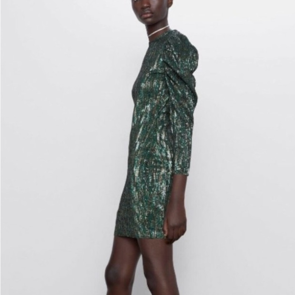 Zara Women’s Sequin Short Dress Puff Sleeves Green Size Small